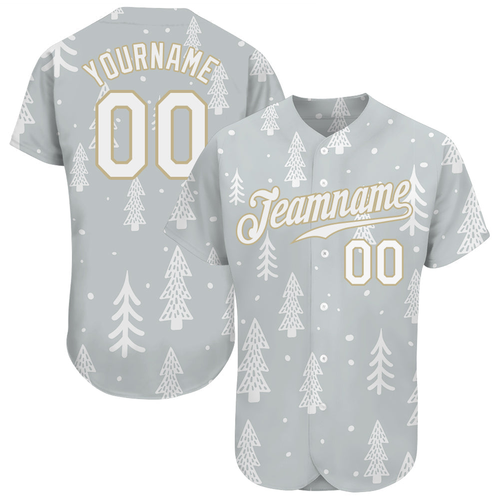 Custom Gray White-Old Gold Christmas 3D Authentic Baseball Jersey - Main View