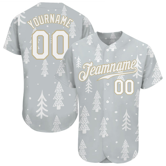 Custom Gray White-Old Gold Christmas 3D Authentic Baseball Jersey - Main View