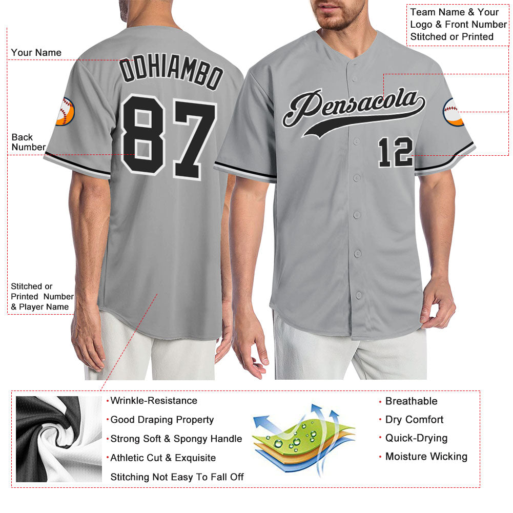Custom Gray Black-White Authentic Baseball Jersey view 3