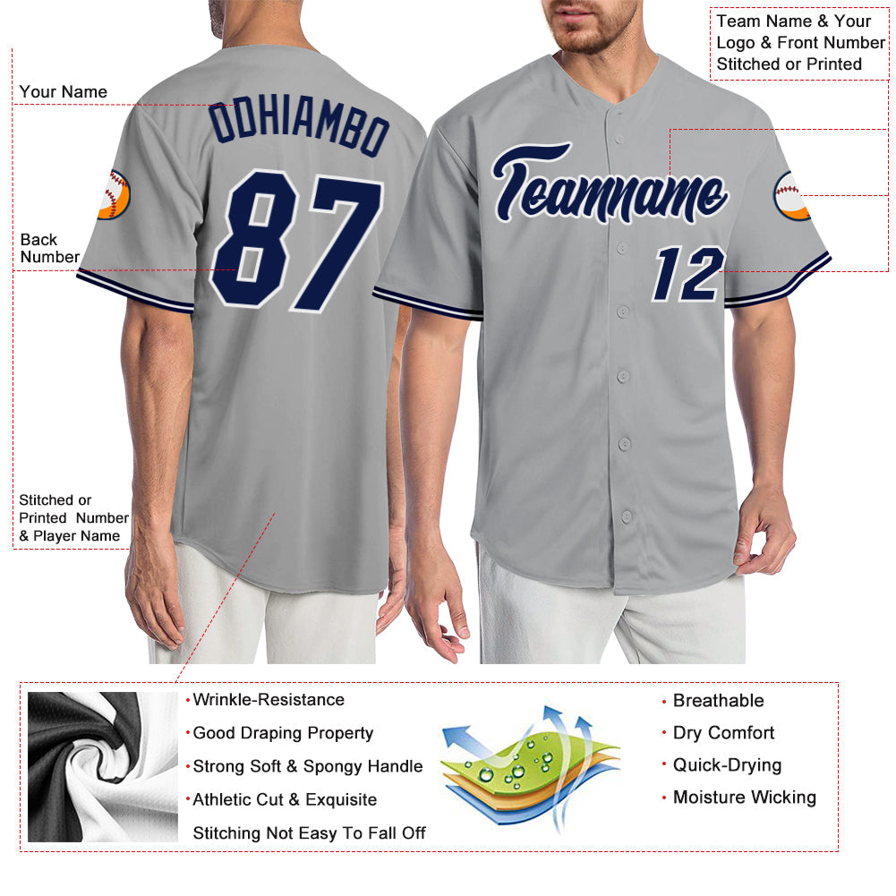Custom Gray Navy-White Authentic Baseball Jersey view 3