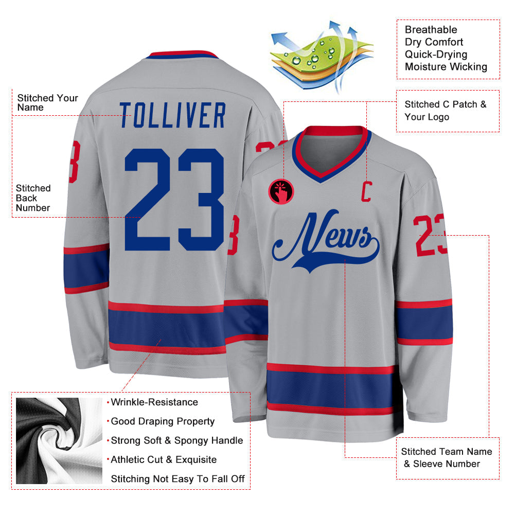 Custom Gray Royal-Red Hockey Jersey view 2