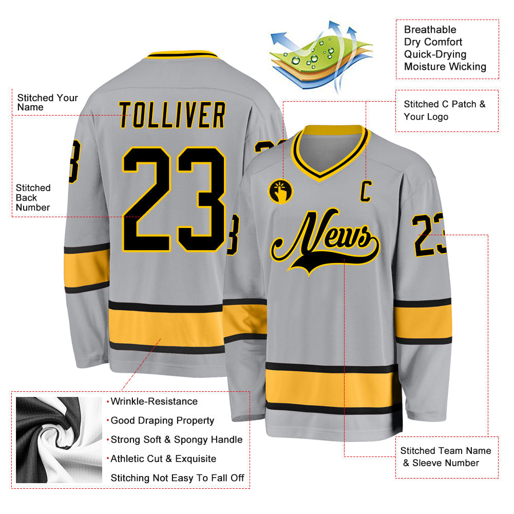 Custom Gray Black-Gold Hockey Jersey view 2