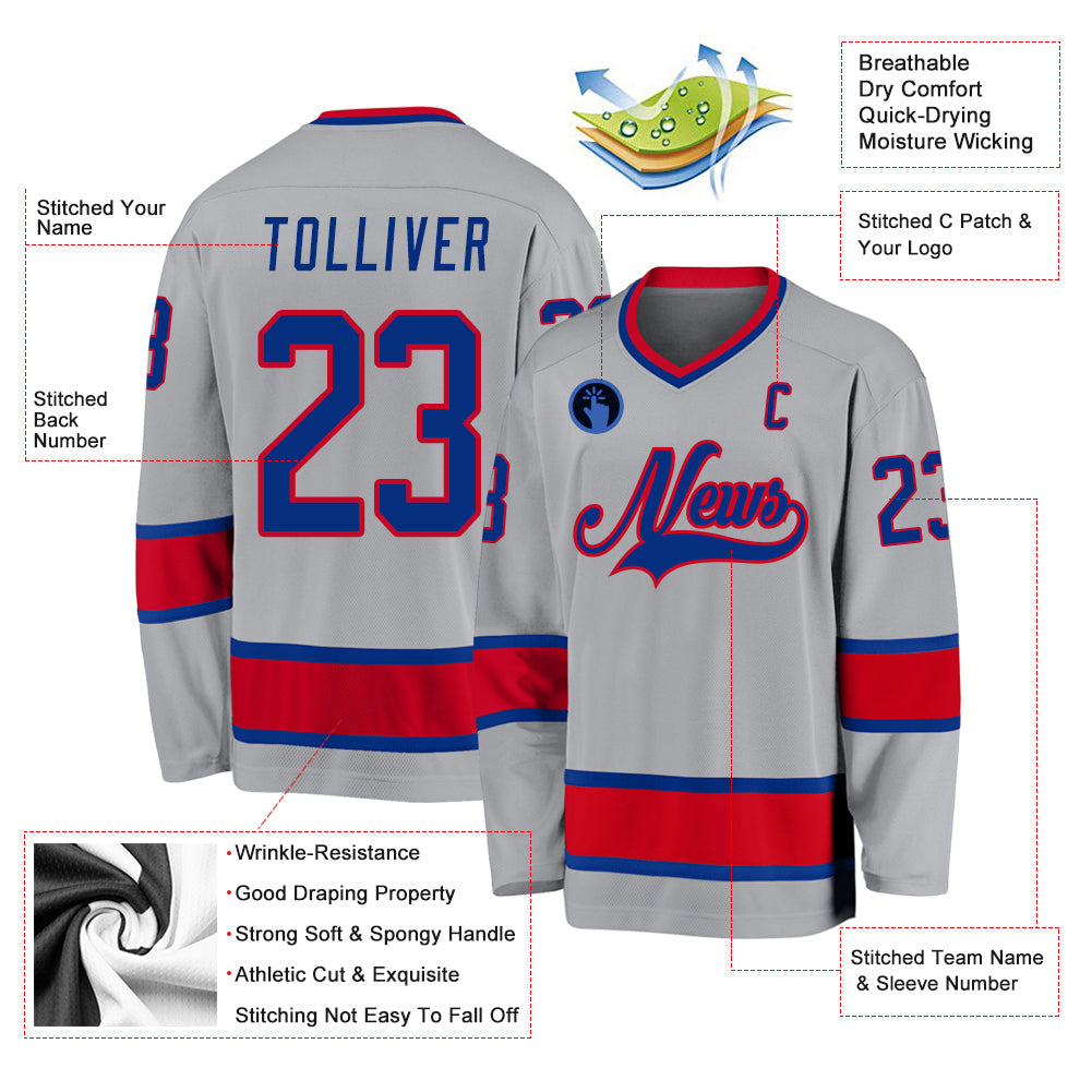 Custom Gray Royal-Red Hockey Jersey view 2