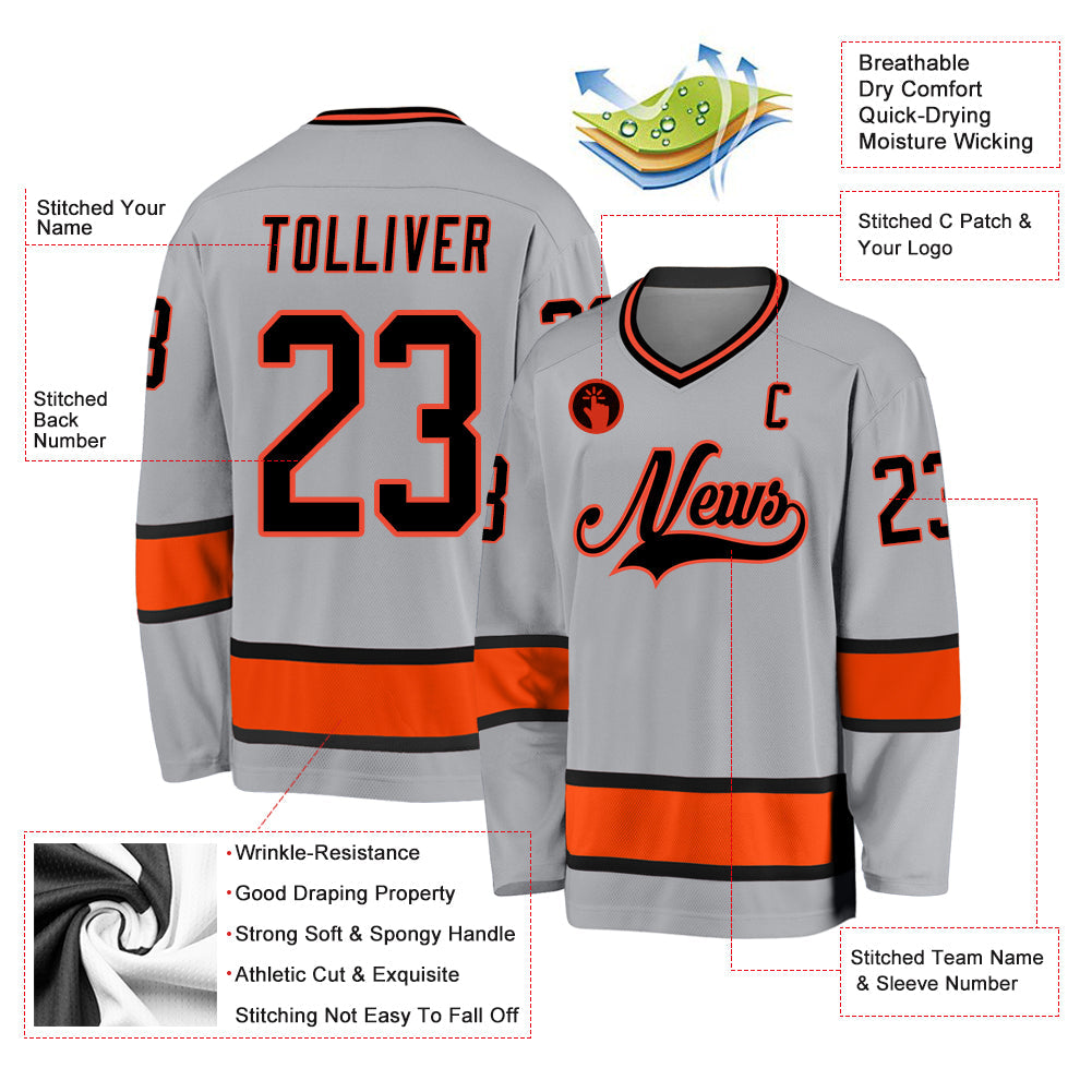 Custom Gray Black-Orange Hockey Jersey view 2