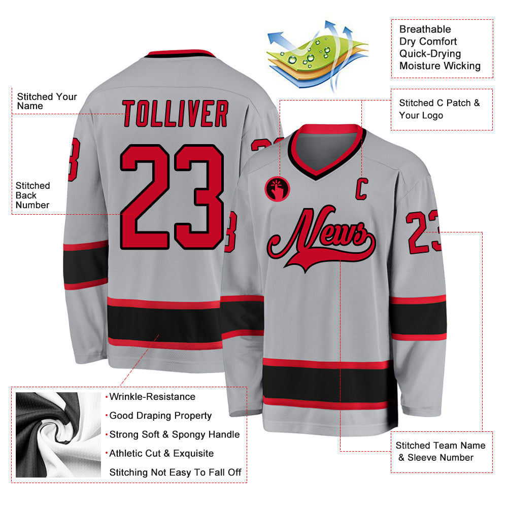Custom Gray Red-Black Hockey Jersey view 2