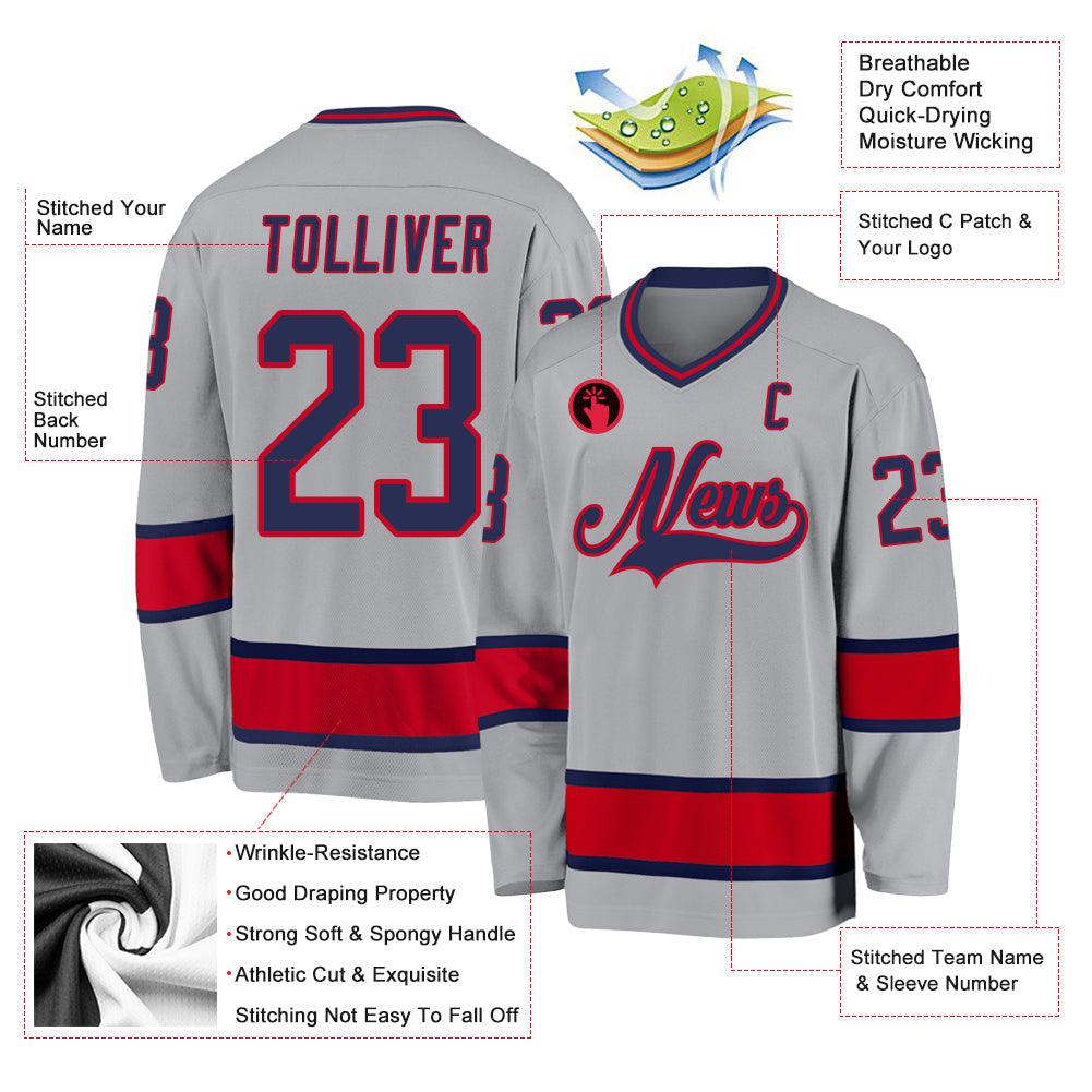 Custom Gray Navy-Red Hockey Jersey view 2