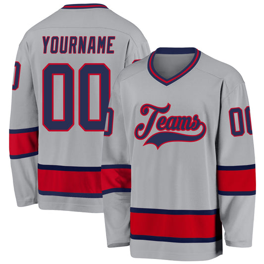 Custom Gray Navy-Red Hockey Jersey - Main View
