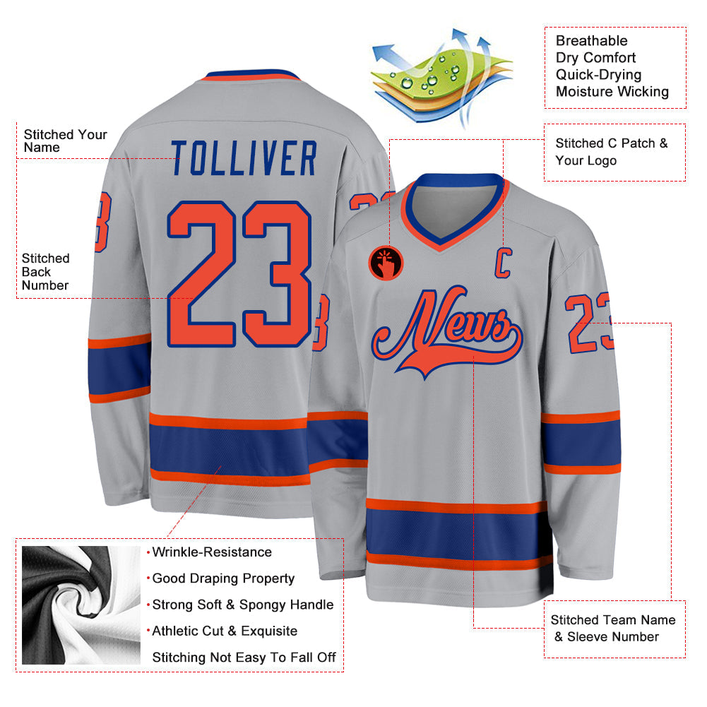 Custom Gray Orange-Royal Hockey Jersey view 2