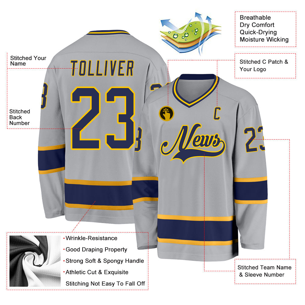 Custom Gray Navy-Gold Hockey Jersey view 2