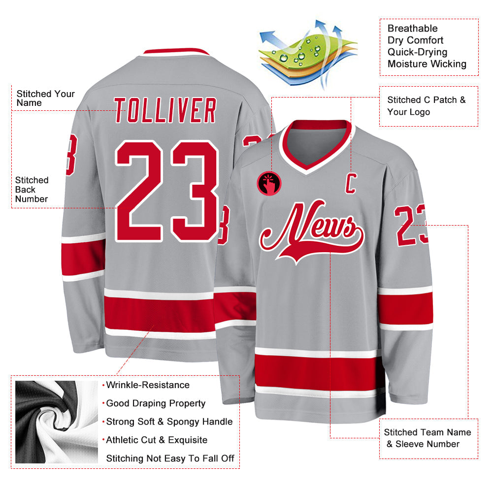 Custom Gray Red-White Hockey Jersey view 2