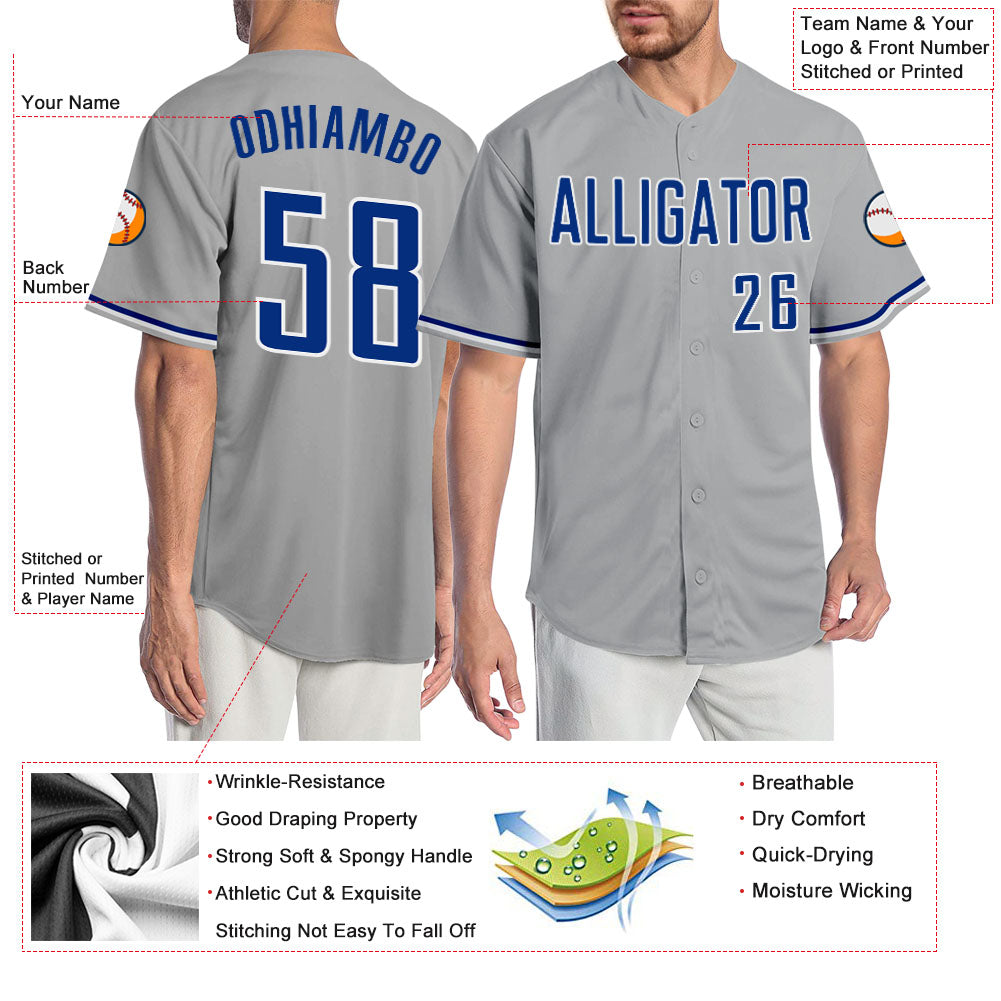 Custom Gray Royal-White Authentic Baseball Jersey view 3