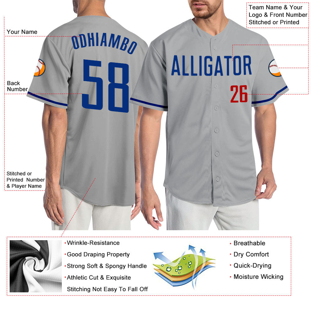 Custom Gray Royal-Red Authentic Baseball Jersey view 3