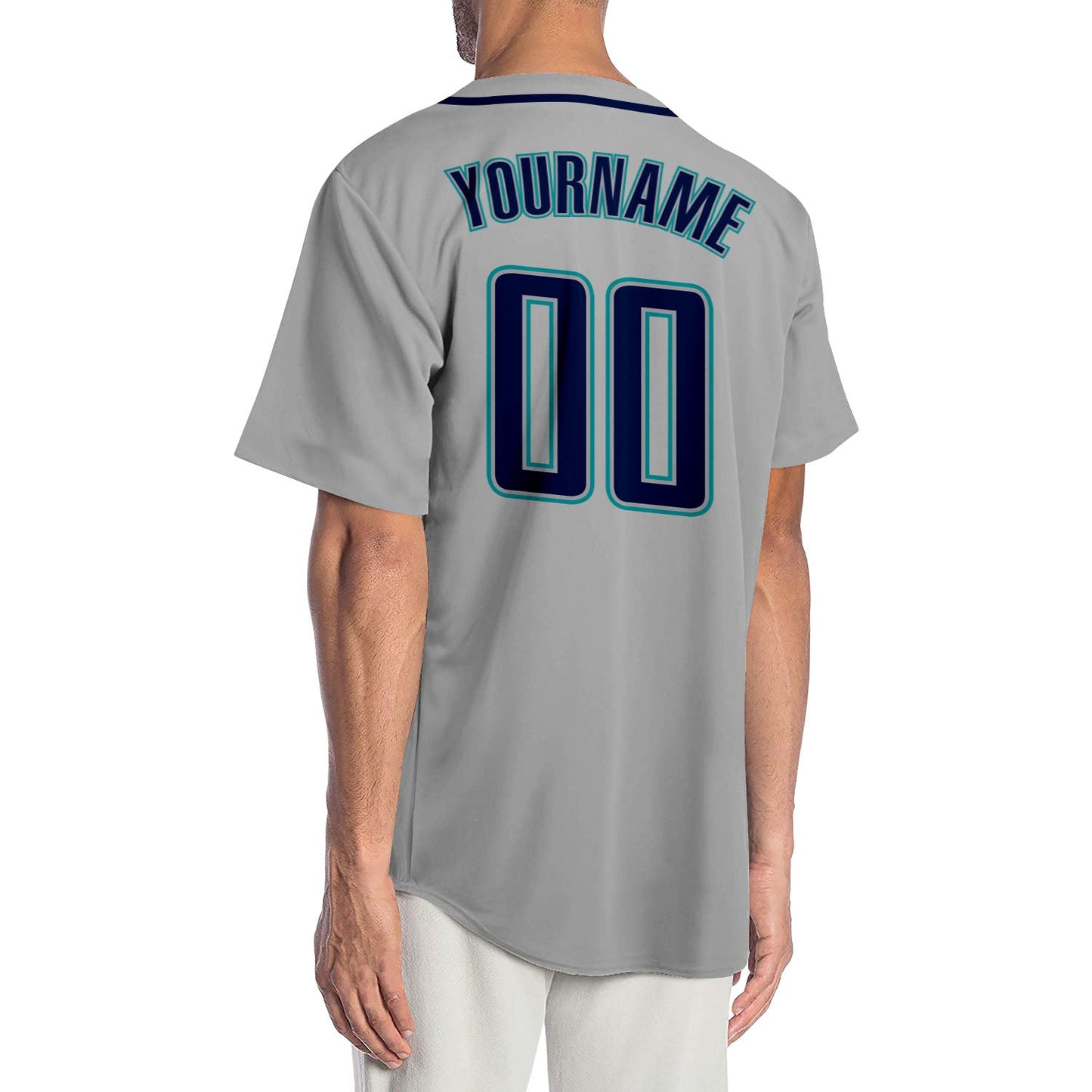 Custom Gray Navy-Teal Authentic Baseball Jersey view 2