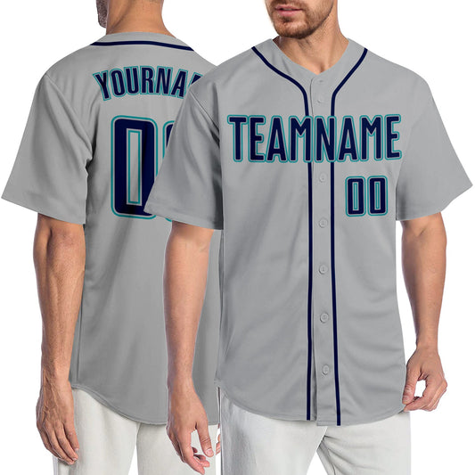 Custom Gray Navy-Teal Authentic Baseball Jersey - Main View