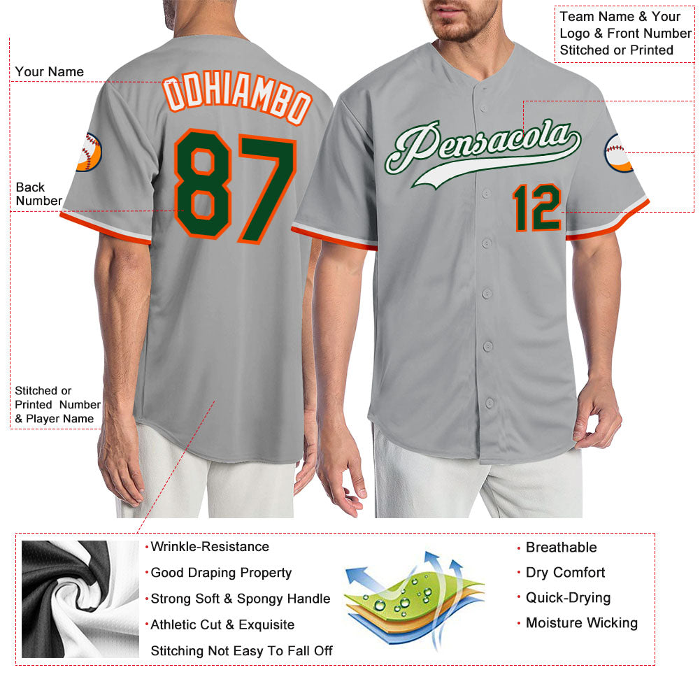 Custom Gray Green-Orange Authentic Baseball Jersey view 3