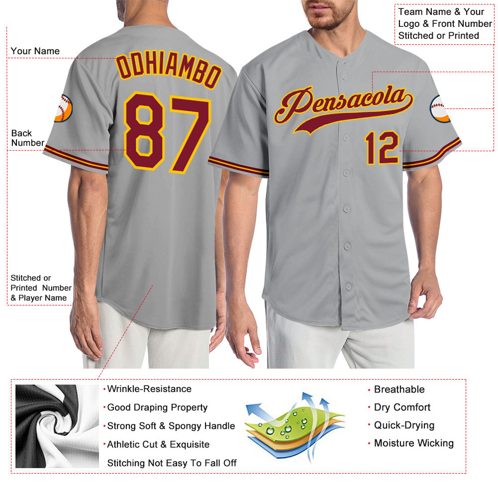 Custom Gray Crimson-Gold Authentic Baseball Jersey view 3
