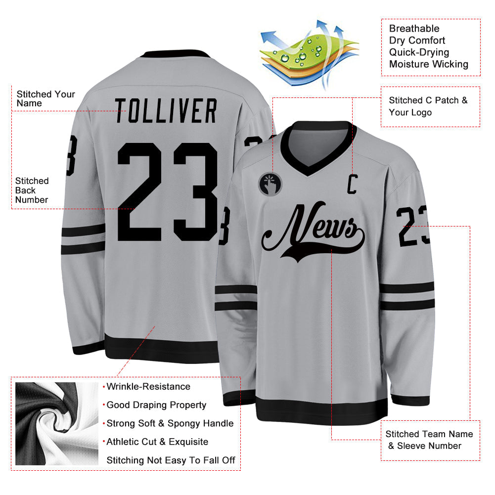 Custom Gray Black Hockey Jersey view 2