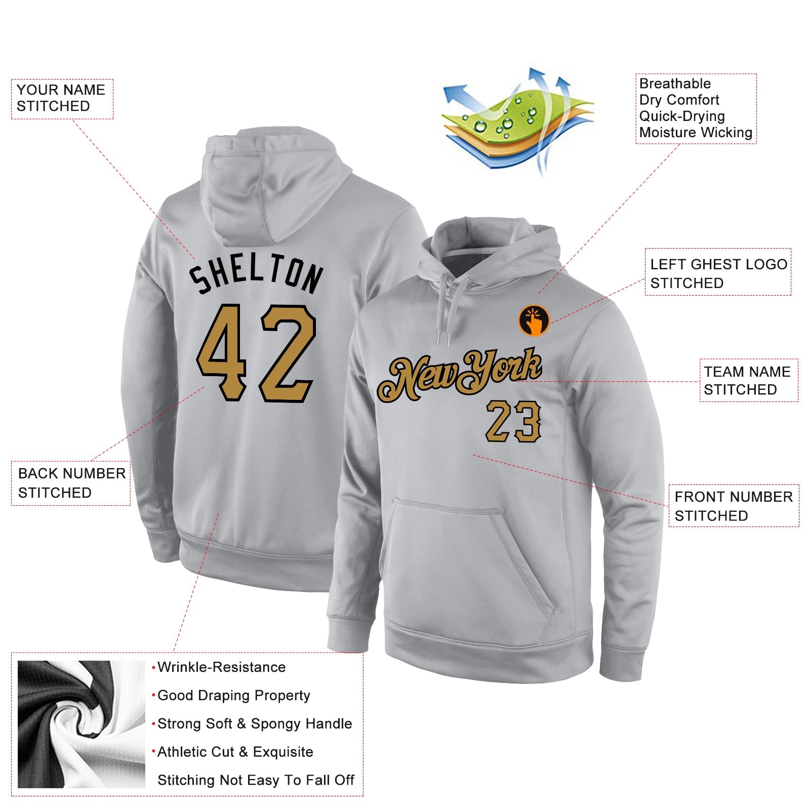 Custom Stitched Gray Old Gold-Black Sports Pullover Sweatshirt Hoodie view 2