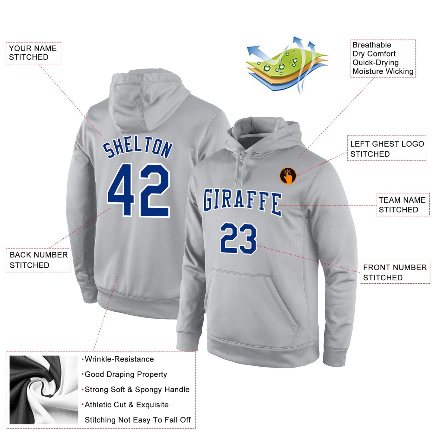 Custom Stitched Gray Royal Sports Pullover Sweatshirt Hoodie view 2