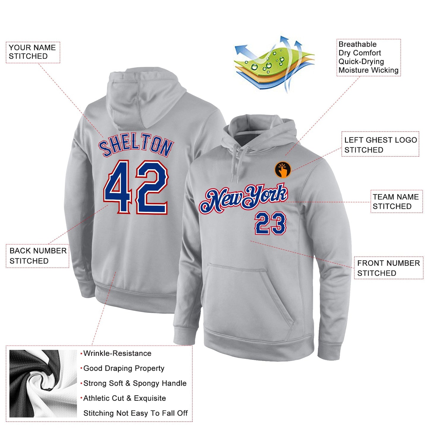 Custom Stitched Gray Royal-Red Sports Pullover Sweatshirt Hoodie view 2