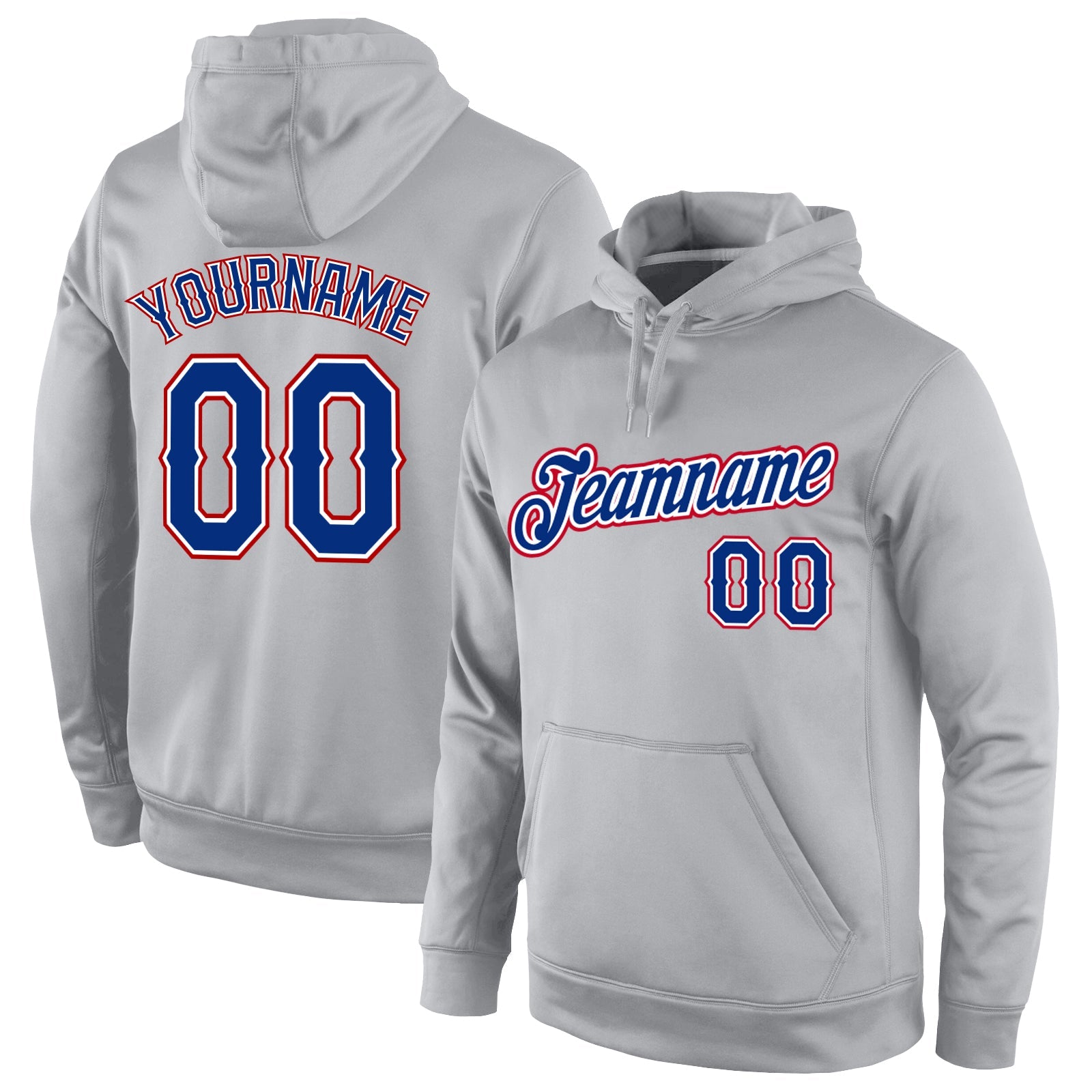 Custom Stitched Gray Royal-Red Sports Pullover Sweatshirt Hoodie - Main View