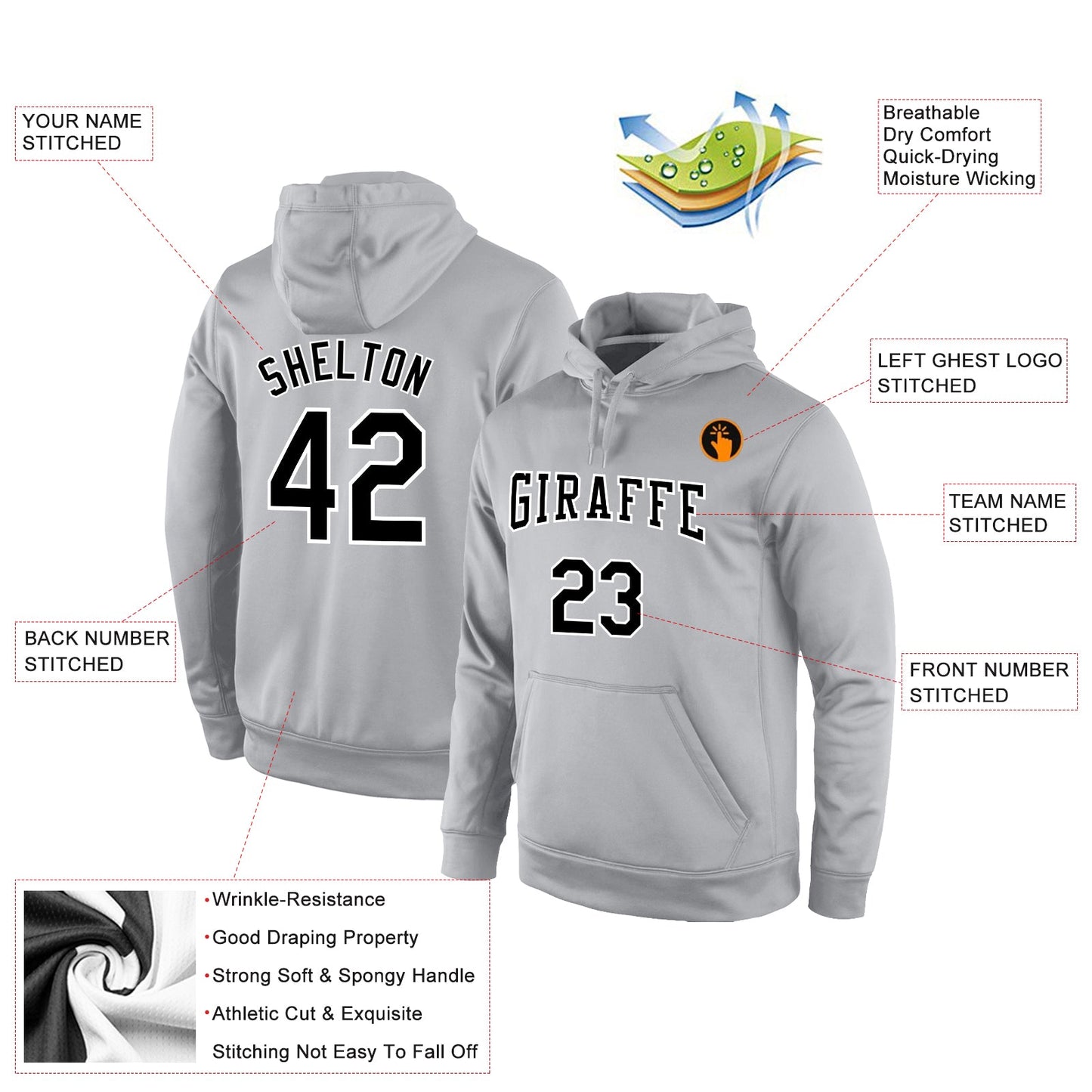 Custom Stitched Gray Black-White Sports Pullover Sweatshirt Hoodie view 2