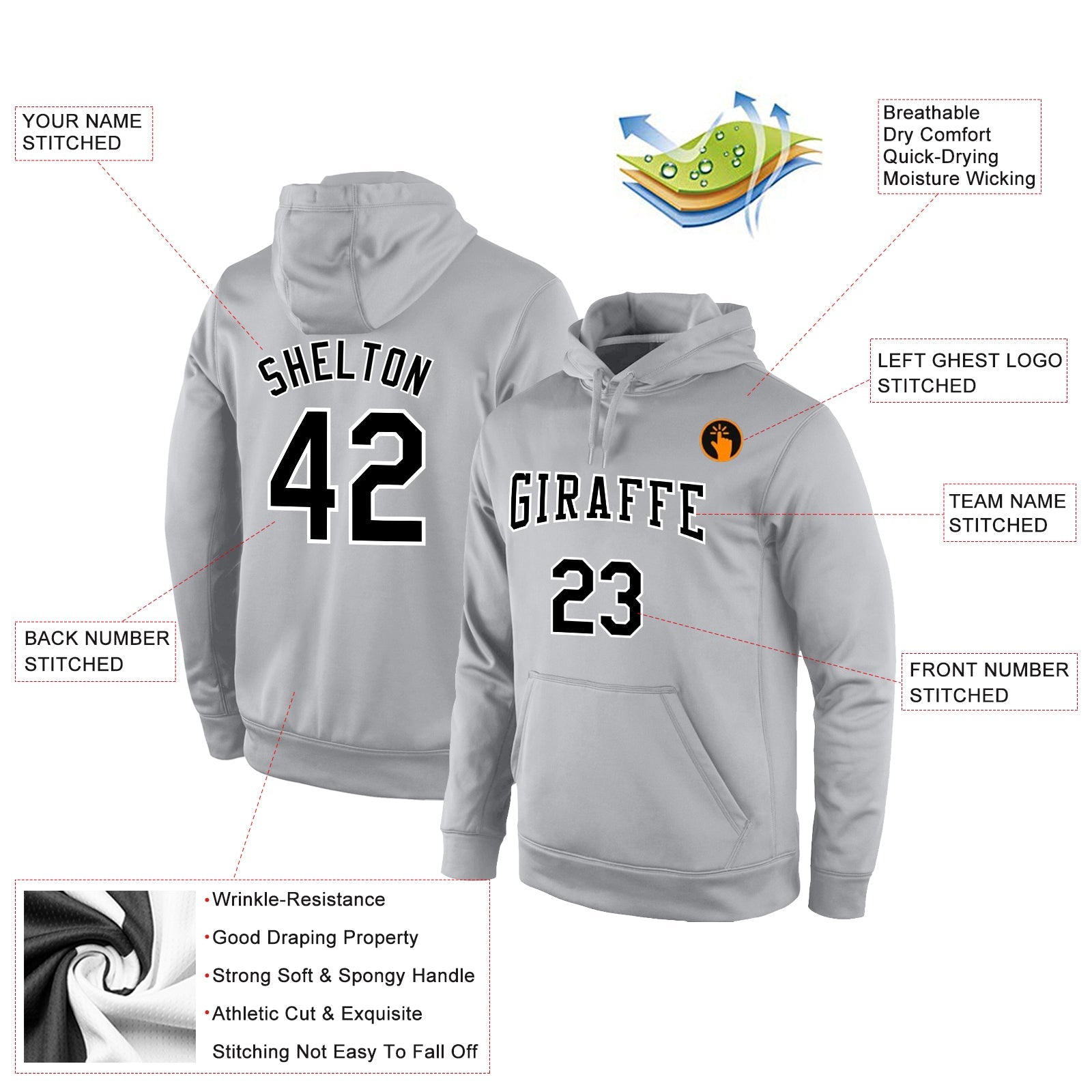 Custom Stitched Gray Black-White Sports Pullover Sweatshirt Hoodie view 2