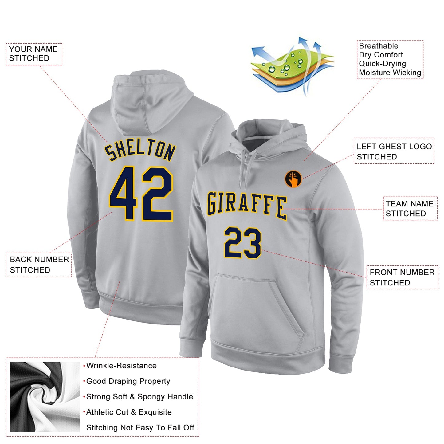 Custom Stitched Gray Navy-Gold Sports Pullover Sweatshirt Hoodie view 2