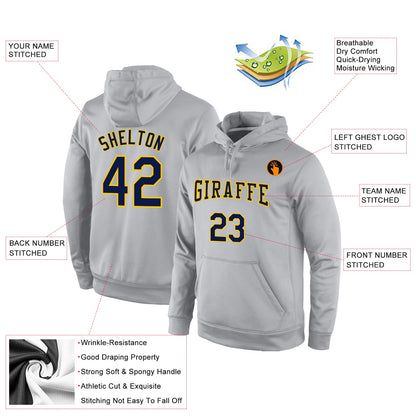 Custom Stitched Gray Navy-Gold Sports Pullover Sweatshirt Hoodie view 2