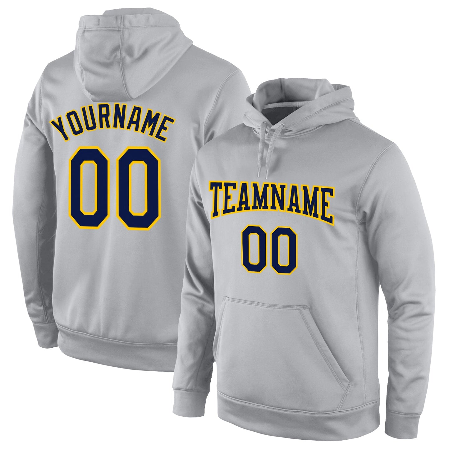 Custom Stitched Gray Navy-Gold Sports Pullover Sweatshirt Hoodie - Main View