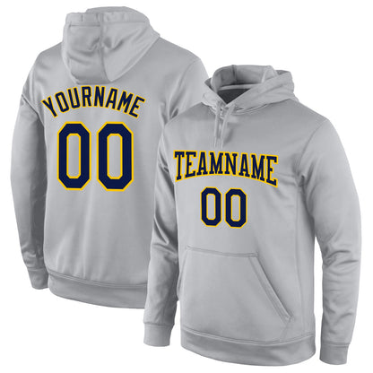 Custom Stitched Gray Navy-Gold Sports Pullover Sweatshirt Hoodie - Main View