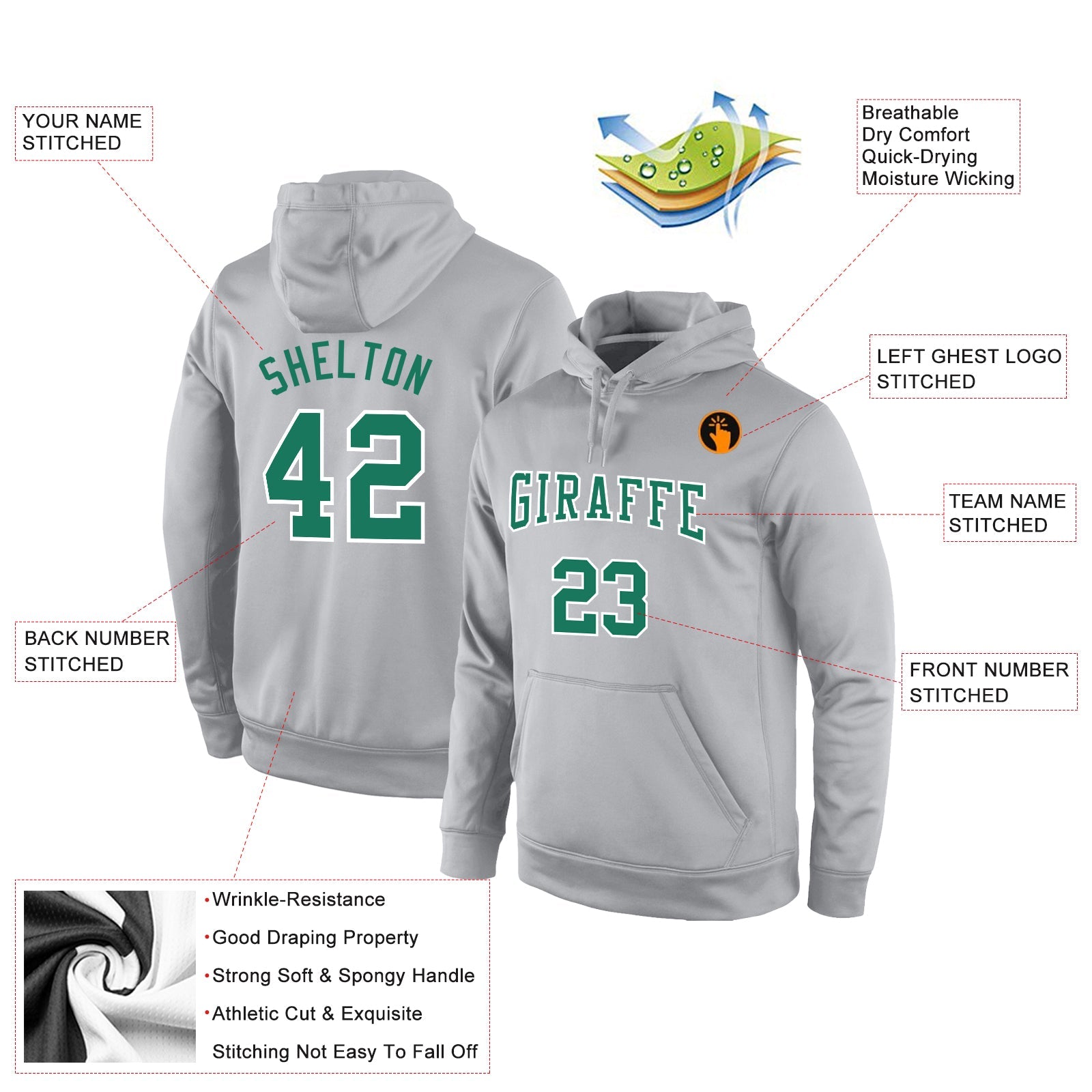 Custom Stitched Gray Kelly Green-White Sports Pullover Sweatshirt Hoodie view 2