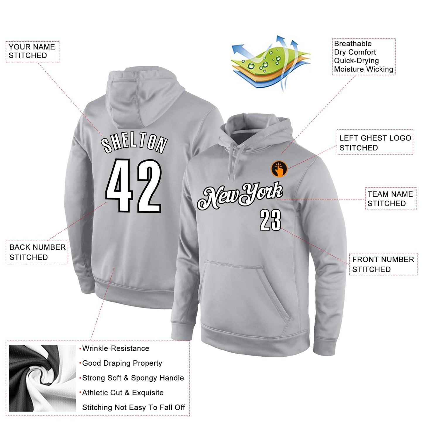 Custom Stitched Gray White-Black Sports Pullover Sweatshirt Hoodie view 2