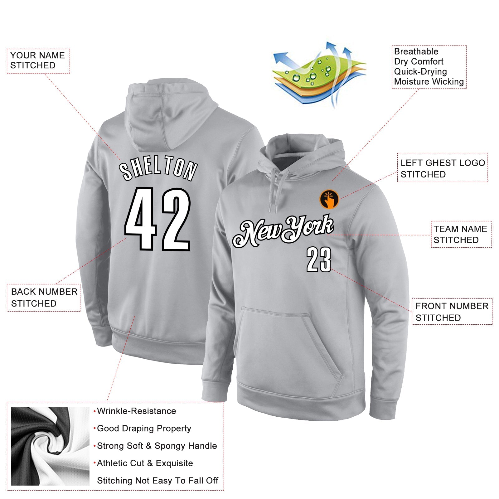 Custom Stitched Gray White-Black Sports Pullover Sweatshirt Hoodie view 2