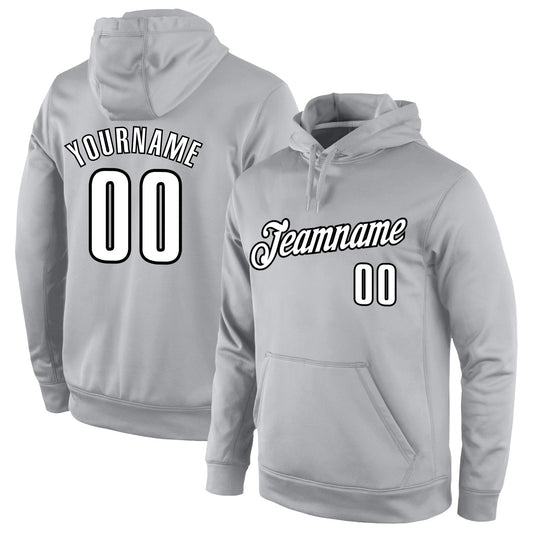 Custom Stitched Gray White-Black Sports Pullover Sweatshirt Hoodie - Main View