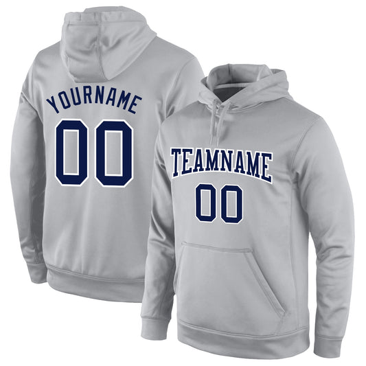 Custom Stitched Gray Navy-White Sports Pullover Sweatshirt Hoodie - Main View