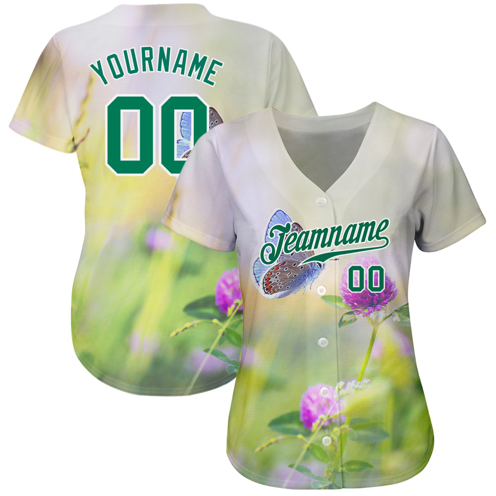 Custom Gray Kelly Green-White 3D Pattern Design Flowers And Butterfly Authentic Baseball Jersey view 2