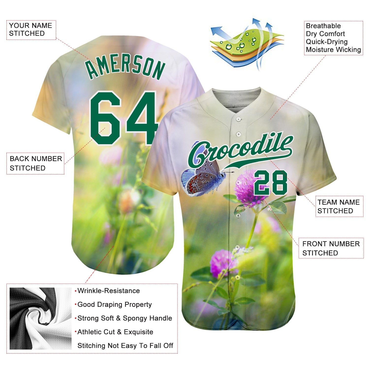 Custom Gray Kelly Green-White 3D Pattern Design Flowers And Butterfly Authentic Baseball Jersey view 3