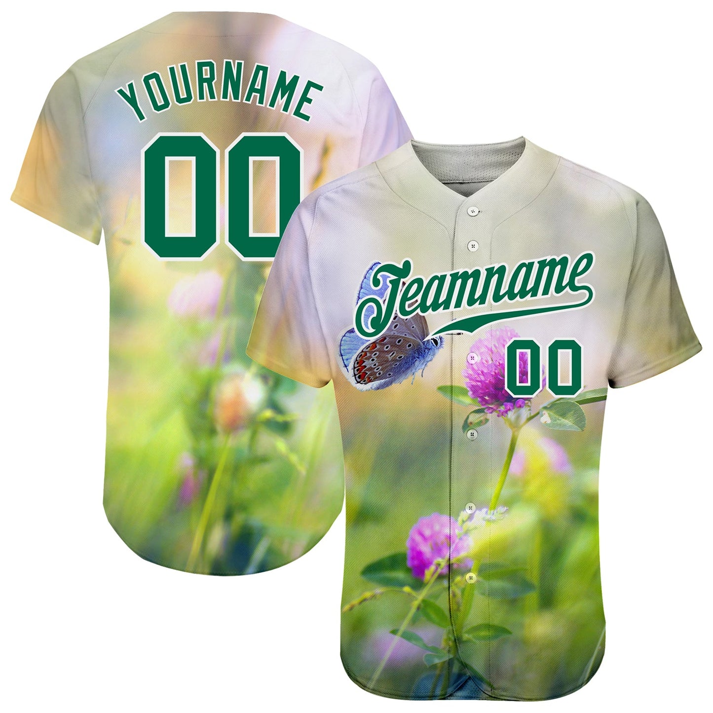 Custom Gray Kelly Green-White 3D Pattern Design Flowers And Butterfly Authentic Baseball Jersey - Main View