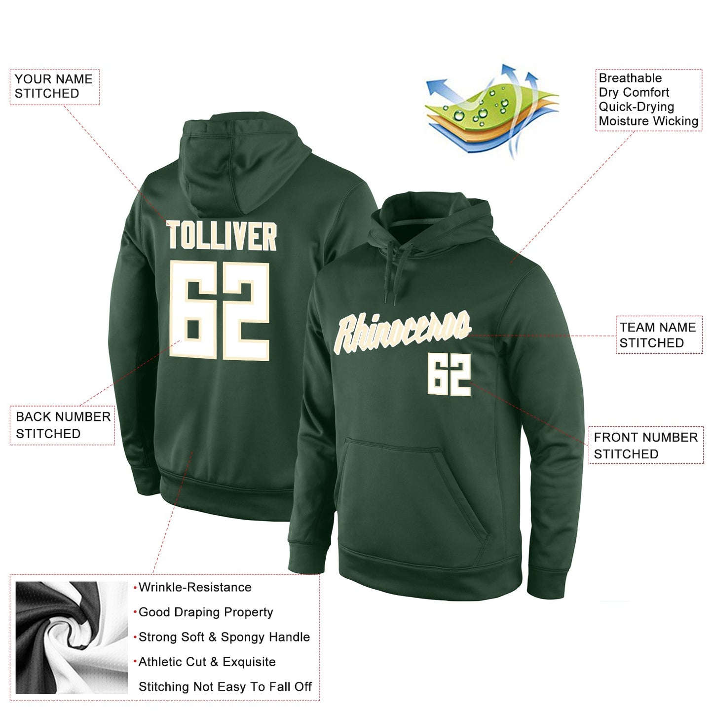 Custom Stitched Green White-Cream Sports Pullover Sweatshirt Hoodie view 4