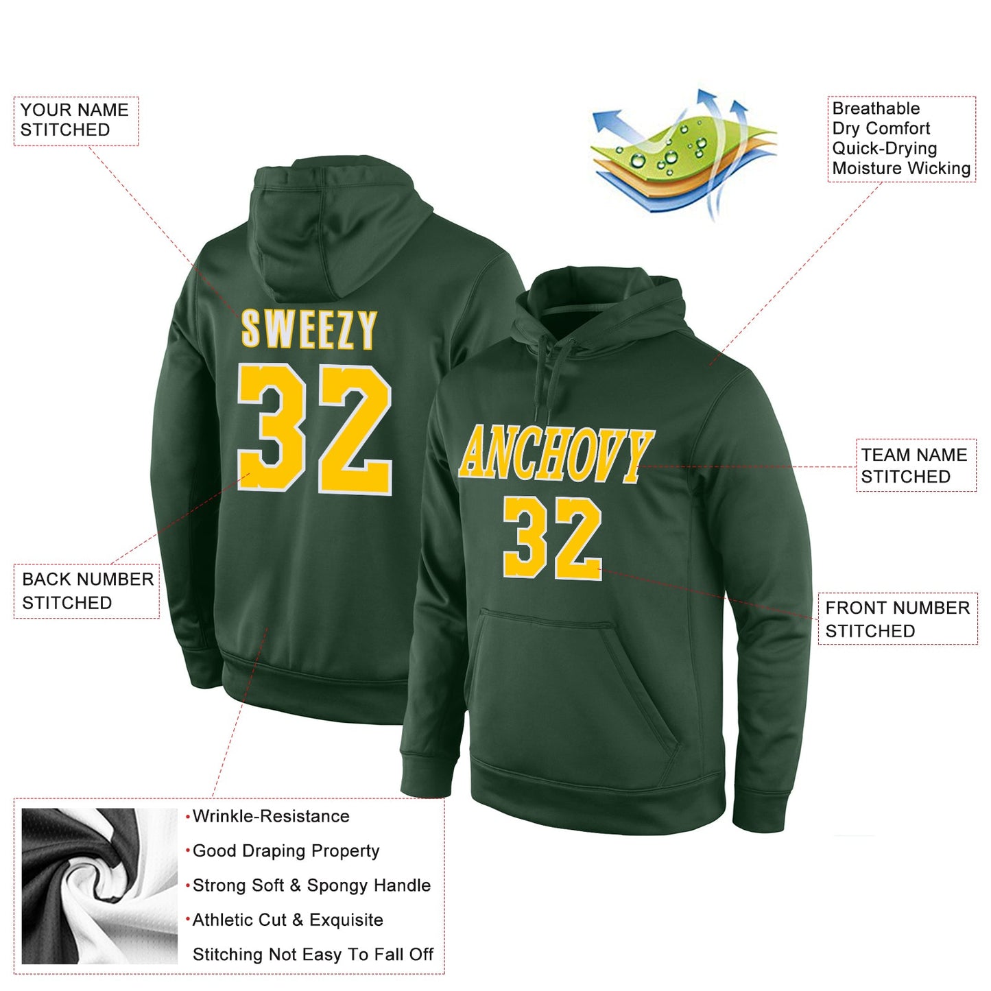 Custom Stitched Green Gold-White Sports Pullover Sweatshirt Hoodie view 4