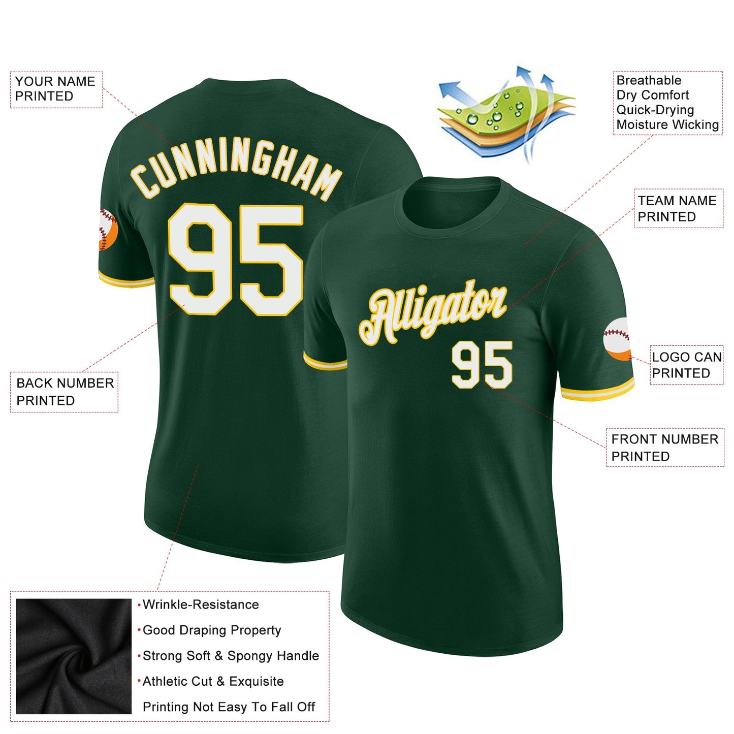 Custom Green White-Gold Performance T-Shirt view 2