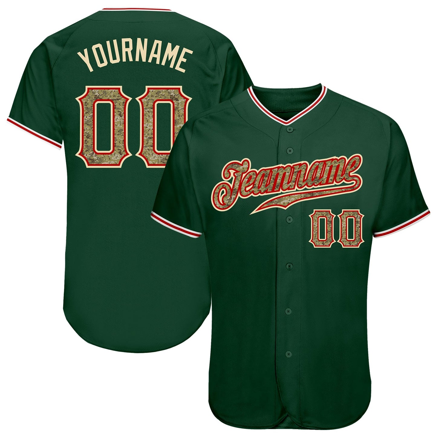 Custom Green Camo-Red Authentic Baseball Jersey - Main View