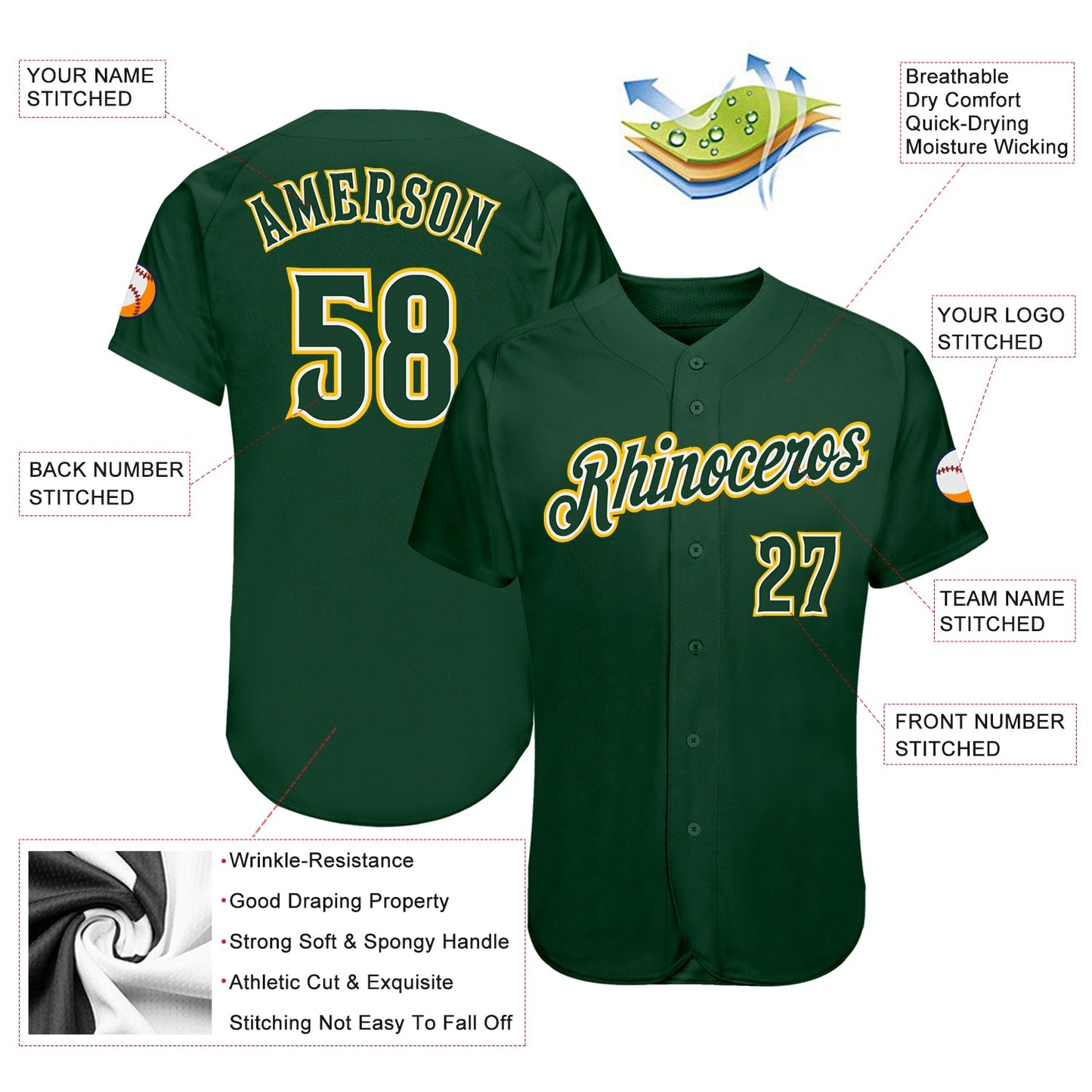 Custom Green Green-Gold Authentic Baseball Jersey view 3