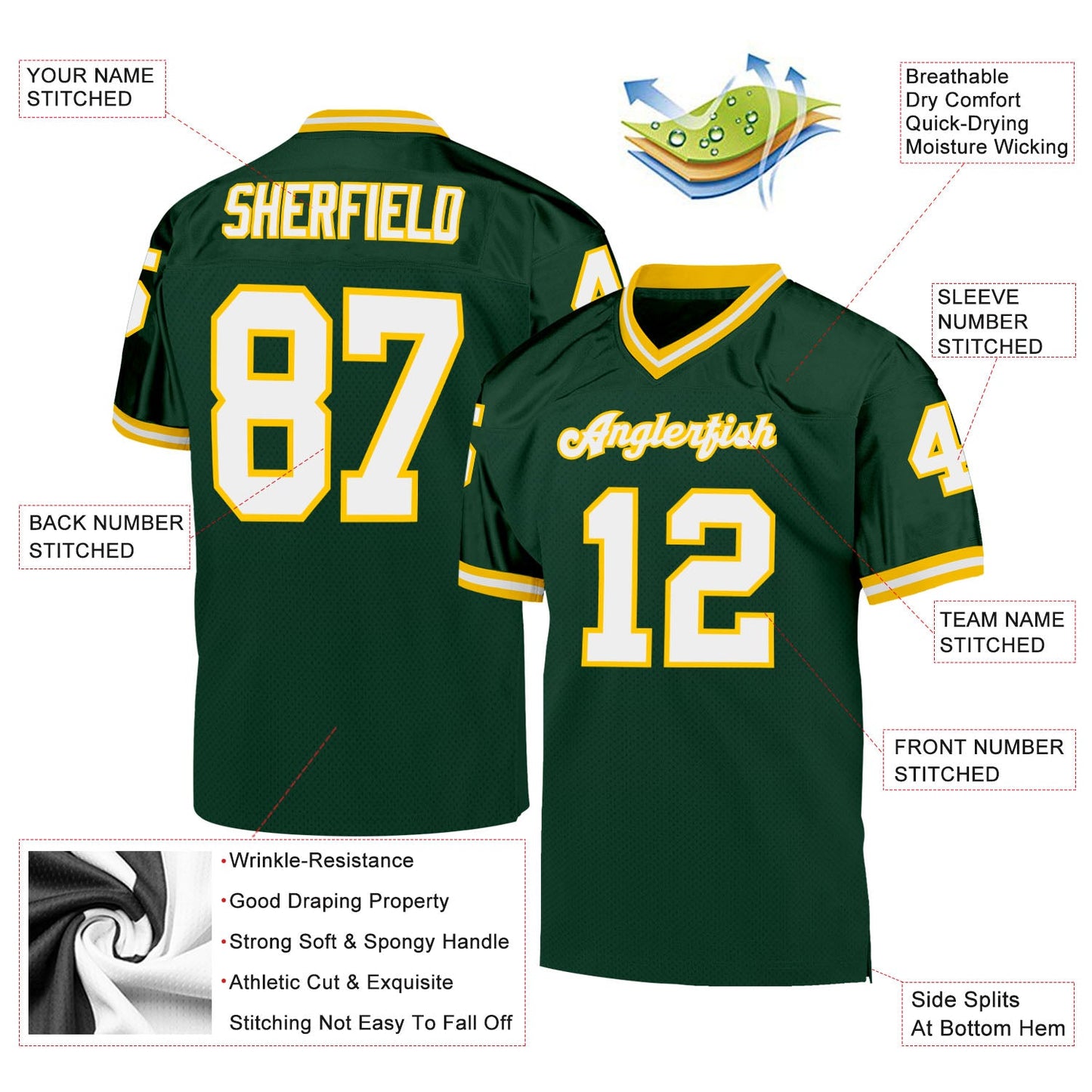 Custom Green White-Gold Mesh Authentic Throwback Football Jersey view 4