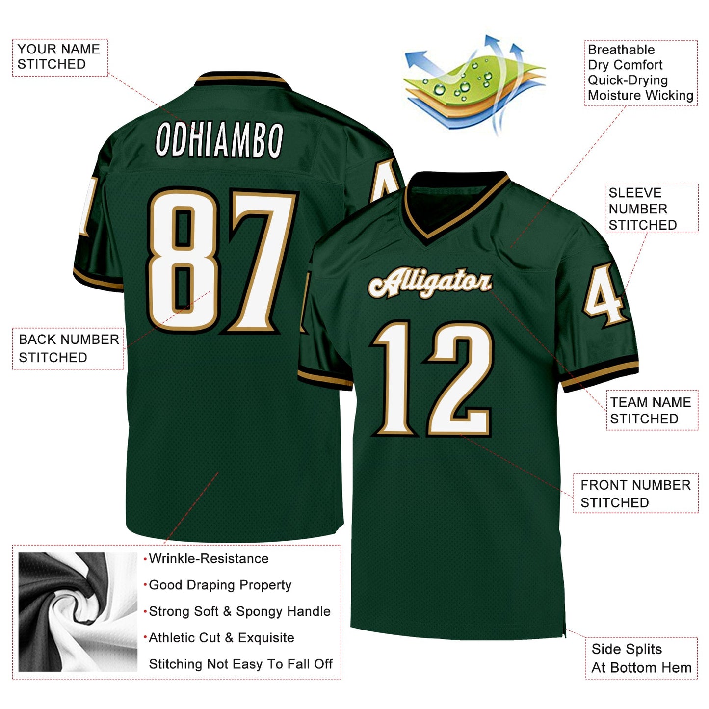 Custom Green White-Old Gold Mesh Authentic Throwback Football Jersey view 4