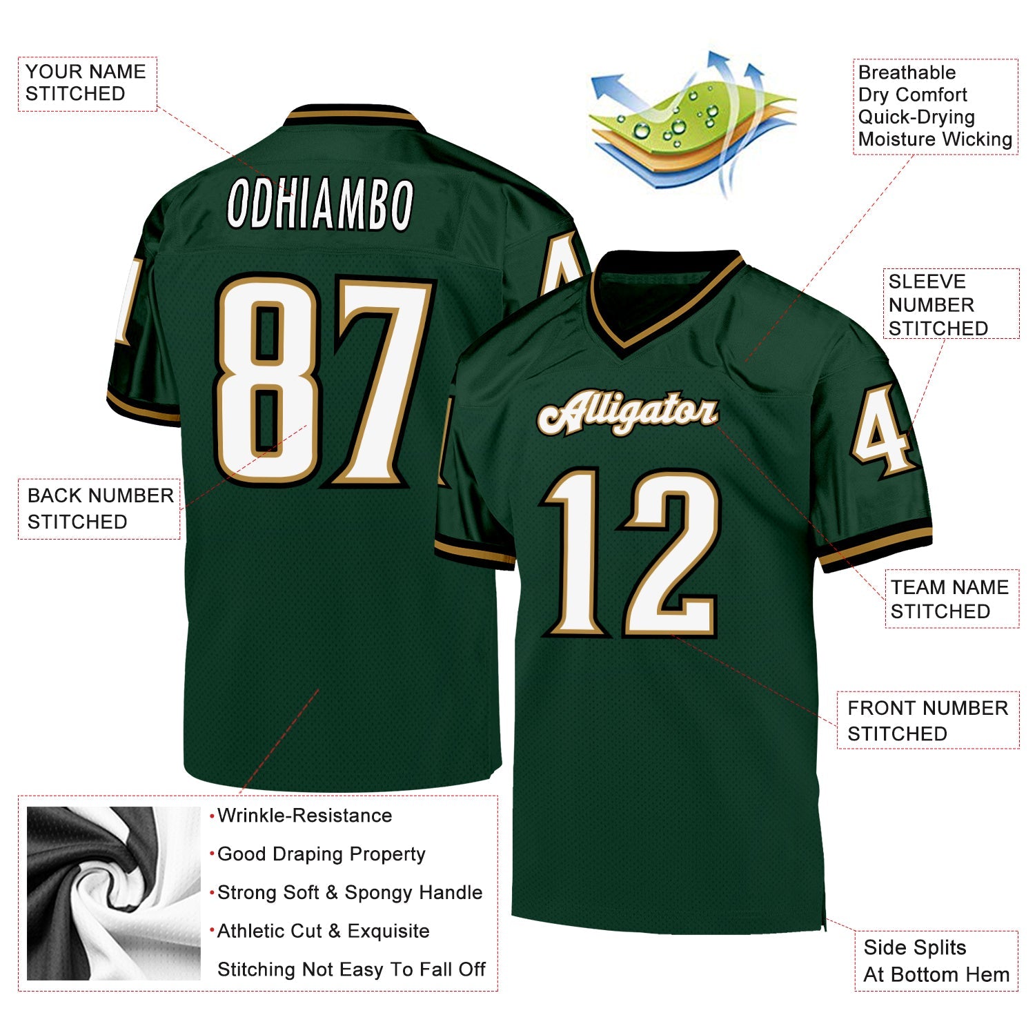 Custom Green White-Old Gold Mesh Authentic Throwback Football Jersey view 4