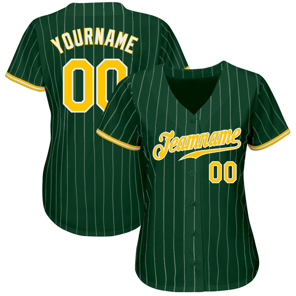 Custom Green White Pinstripe Gold-White Authentic Baseball Jersey view 2