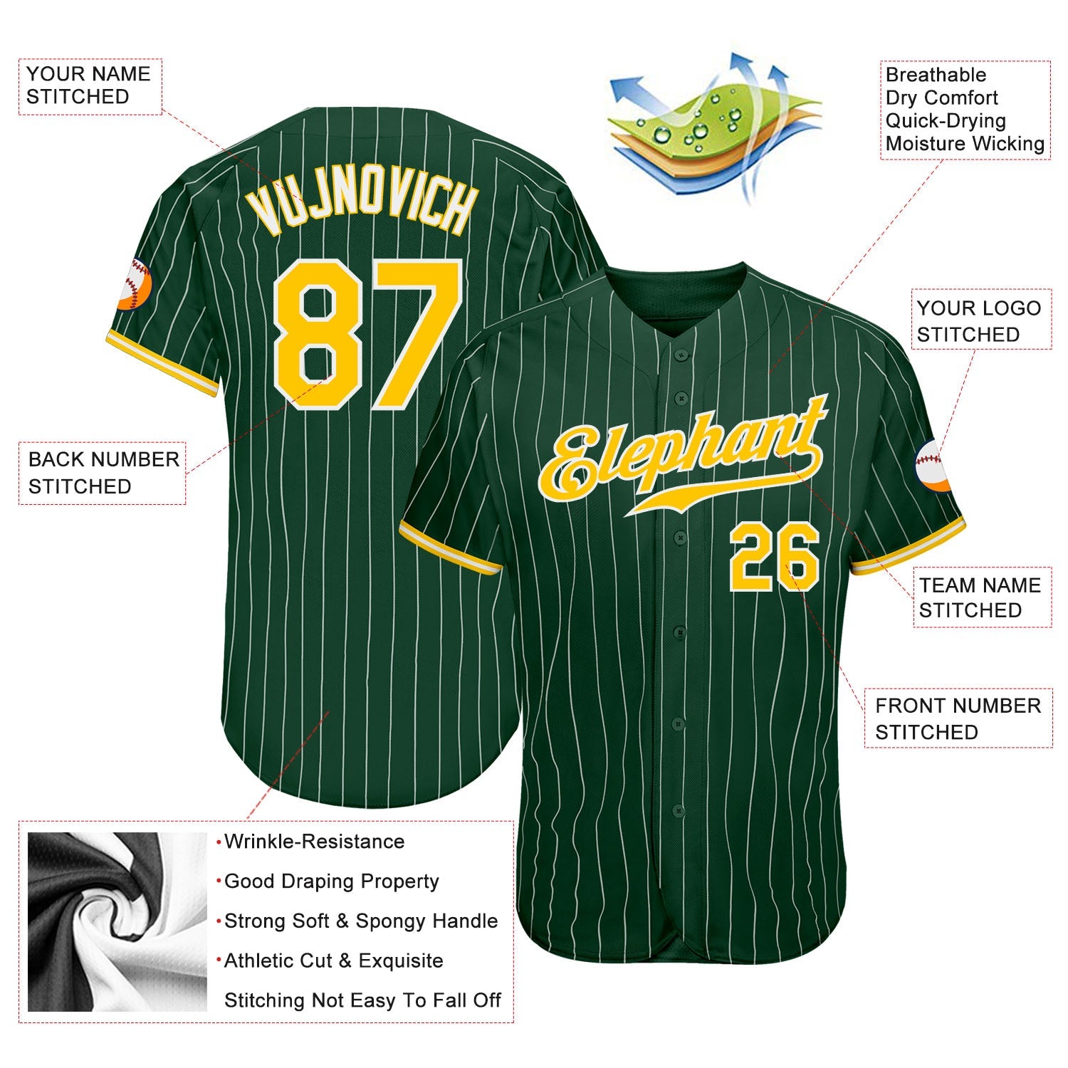 Custom Green White Pinstripe Gold-White Authentic Baseball Jersey view 3