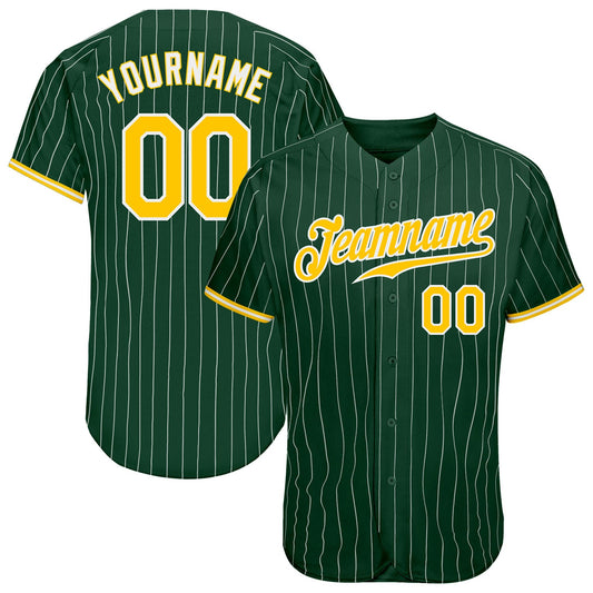 Custom Green White Pinstripe Gold-White Authentic Baseball Jersey - Main View